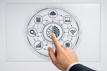 Artificial intelligence concept with businessman touching digital brain network for innovation and technology