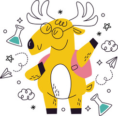 Yellow deer with glasses and backpack holding up a paw with science icons vector