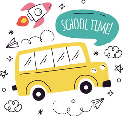 Yellow School Bus With Rocket And Speech Bubble On White Background yellow bus transportation