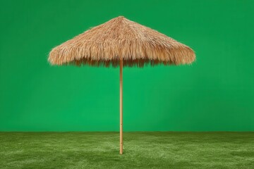 Straw umbrella standing on green grass vibrant background