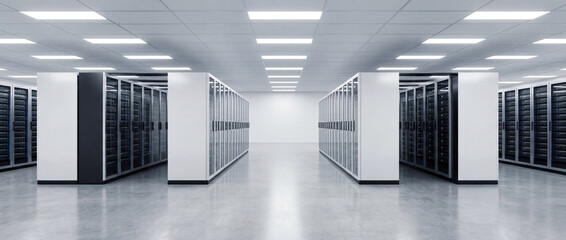 Server Room Perspective: A long, symmetrical view of a data center, the air hums with the silent power of technology, rows of servers stand ready to store, process.
