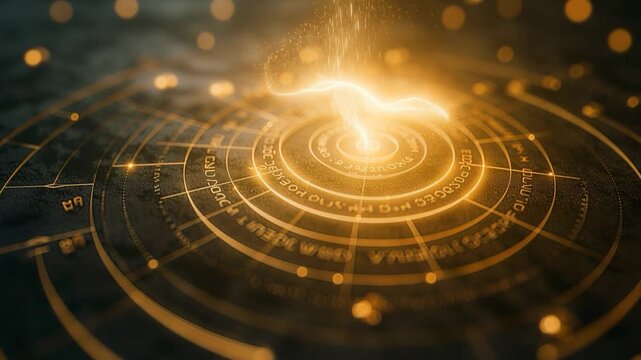 Golden energy particles and light forming above a mystical ancient device with arcane symbols