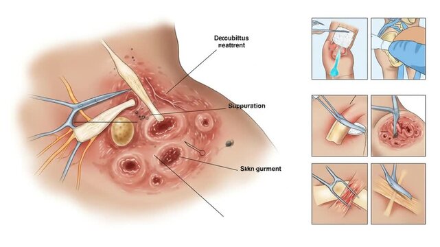 Surgical treatment for bedsores, showing inflamed skin and pus