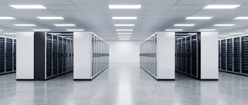 Server Room Perspective: A long, symmetrical view of a data center, the air hums with the silent power of technology, rows of servers stand ready to store, process. - Powered by Adobe