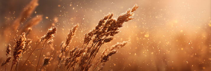 Golden field with pollen and grass in sun. Pollen floats in the air causing allergy. Agriculture crops, grass and allergen particles in landscape. Spring meadow, nature, floral hay fever risk