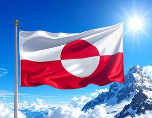 Flag of Greenland against a beautiful blue sky and mountains background 
