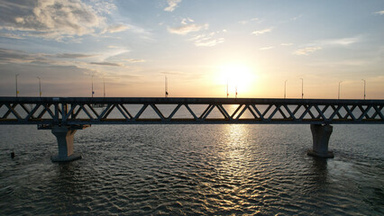 Aerial View of Padma Bridge at Sunset Over River, Bangladesh