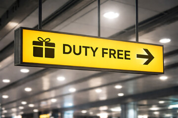 Bright yellow airport duty free shopping direction sign with gift icon inside modern terminal ceiling