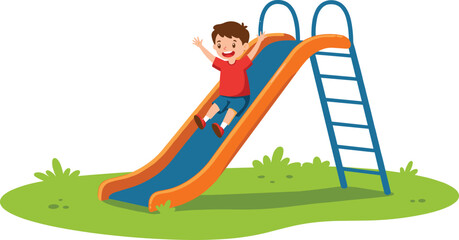 Happy cartoon boy sliding down playground slide, outdoor fun activity, smiling kid playing in park, children recreational scene illustration