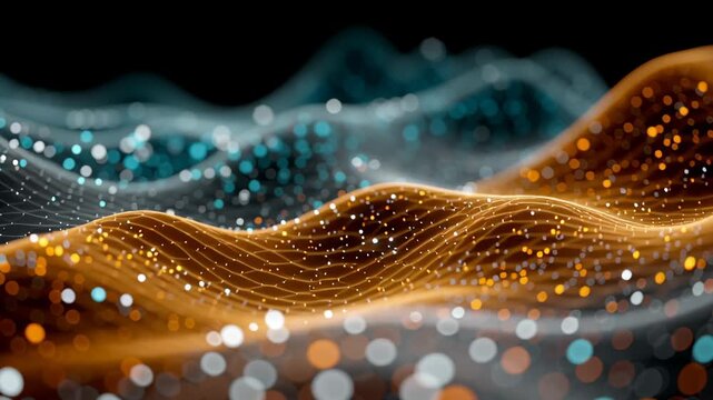 Dynamic visualization of abstract digital waves with glowing orange and blue particles against a black background, conveying movement and energy. ideal for technology, innovation, and futuristic conce