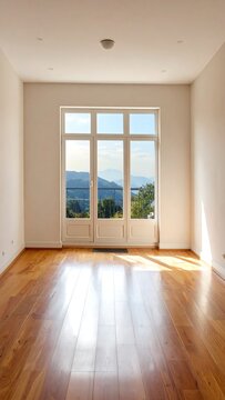 Empty room with a large window framing a scenic view of rolling hills and trees. The room has a wooden floor and white walls