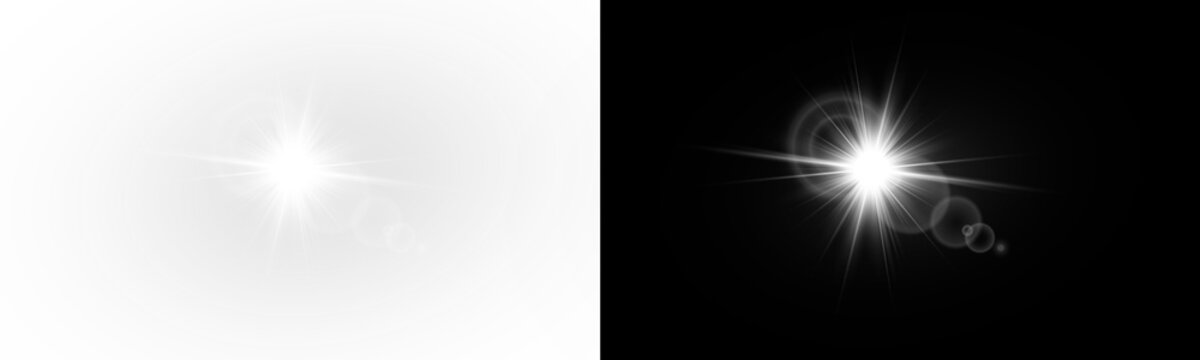 Yellow star flashed with sparkles sun isolated on white background. Soft glow without departing rays, sunlight with lens flare effect. PNG vector light effect