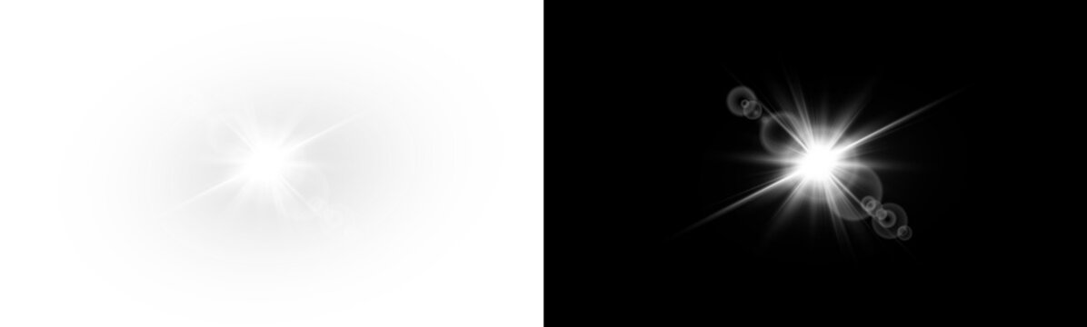 Yellow star flashed with sparkles sun isolated on white background. Soft glow without departing rays, sunlight with lens flare effect. PNG vector light effect