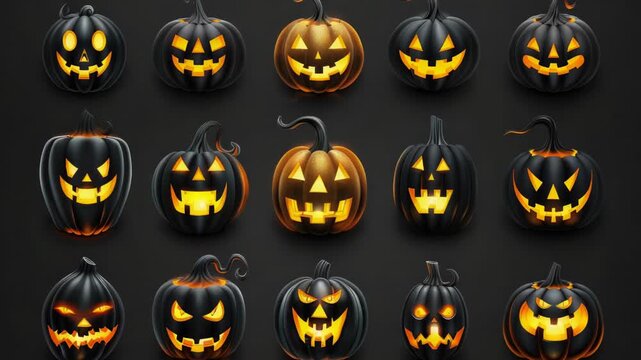 Video A set of carved pumpkins with glowing faces for Halloween decorations or spooky atmosphere