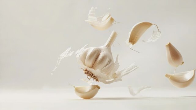 Video A close-up shot of a single clove of garlic being tossed in the air, with a blurred background