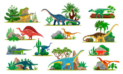 Prehistoric dinosaurs, cartoon dino animal characters with ancient plants and rocks. Vector reptile species for children books, education materials, stickers, posters. Isolated Jurrassic era creatures