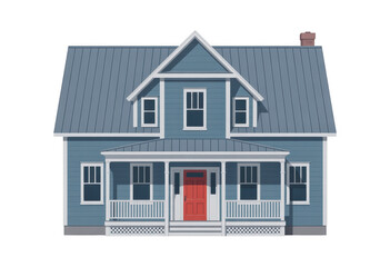Blue House with Red Door and White Trim roof isolated on a transparent background