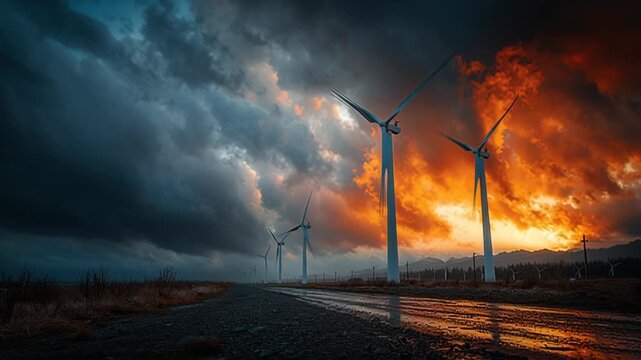 Wind turbines stand tall under a dramatic sky as a storm approaches at sunset. the vibrant orange and dark clouds create a striking contrast, the theme of renewable energy amidst nature's raw power.
