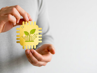 Ai automation concept chip ecology no code icon, human hand holding green leaf circuit, innovation future technology sustainability