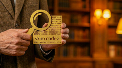Ai automation concept no code magnifying glass binary number senior man wooden library background warm light focus detail