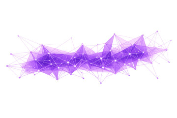 Abstract purple low poly mesh representing digital network connections and data communication with glowing nodes, transparent background
