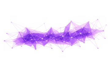 Abstract purple low poly mesh representing digital network connections and data communication with glowing nodes, transparent background