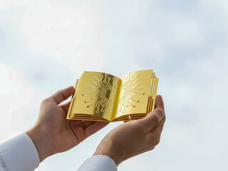 Ai concept no code automation golden circuit book held in human hands under bright sky symbol of innovation and digital future