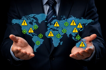 Business security concept with digital world map showing global cyber threats and risk alert locations in hands