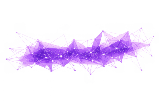 Abstract purple low poly mesh representing digital network connections and data communication with glowing nodes, transparent background - Powered by Adobe