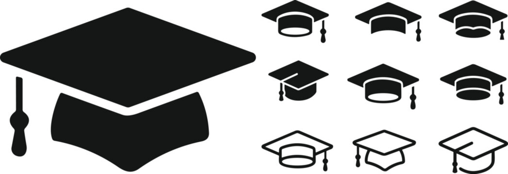 Graduation hat cap icons set. Academic cap. Graduation student black cap and diploma - stock vector. university or college black cap