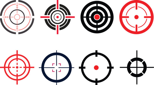 Bullseye target silhouette icon set with crosshairs and accuracy symbols.Abstract line art target icons set featuring various crosshair designs for accuracy and precision concepts.Minimal target icon
