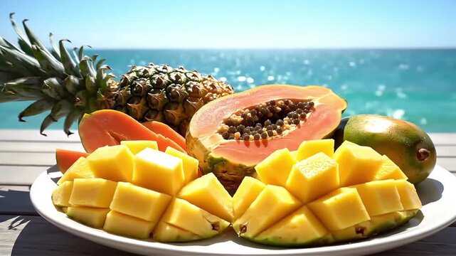 Tropical Fruit Platter with Pineapple Mango and Papaya - A Vibrant Beachside Still Life for Summer Marketing Healthy Lifestyle Content