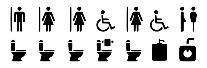 Obraz premium Collection of black simple flat design icons representing public restroom facilities for men, women, and disabled individuals, including toilets and sinks.