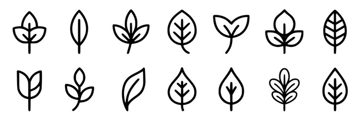 Fototapeta premium Collection of simple black outline leaf icons, showcasing various shapes and styles from minimalist to detailed for natural or eco-friendly designs.