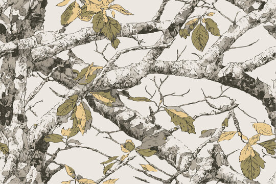 Mossy oak camouflage pattern with tree branches and leaves.Seamless pattern. Camouflage background. Vector camouflage texture. Forest pattern. Jungle background.