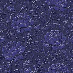 3D embossed textured peonies seamless floral pattern. Elegant dark blue peonies and swirling vines with emboss bas-relief effect and luxury botanical aesthetic. Endless grunge texture. © Elmar