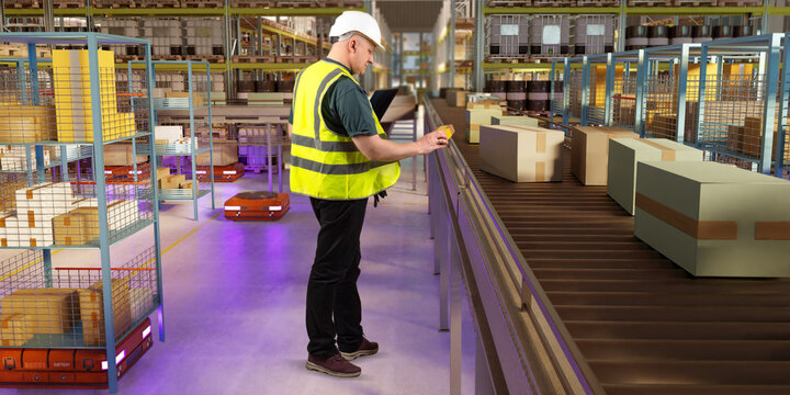 Warehouse, automated logistics center. Warehouse operator scans parcels on a conveyor line, controlling order sorting, automated picking, and material handling processes.
