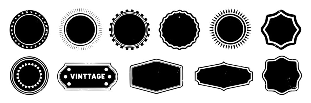 Collection of twelve distressed black vector shapes, labels, and badges including circles, starbursts, and irregular outlines for design.