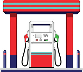Gas station pump illustration with canopy, fuel nozzles and dispenser, petrol refueling concept isolated on white background.