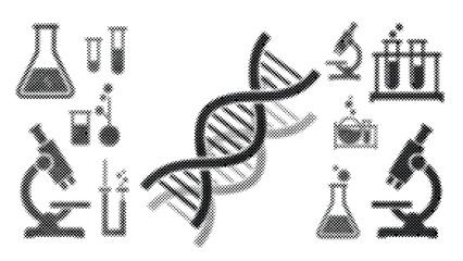 Obraz premium Halftone scientific icons including DNA helix microscopes and laboratory equipment