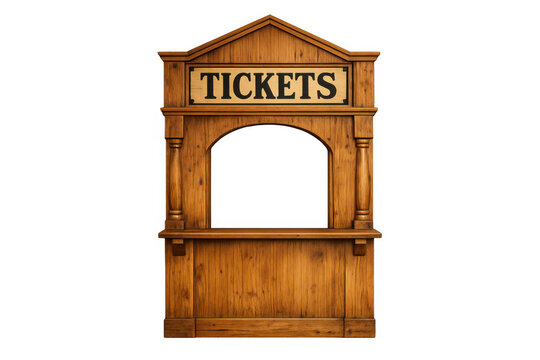 Wooden ticket booth with ticket sign, welcoming visitors for events, entertainment, and fairground attractions