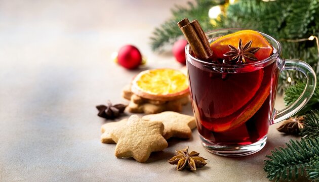 Gluhwein Mit Zimt Und Orange Oder Punsch Mit Weihnachtskeksen Und Textfreiraum