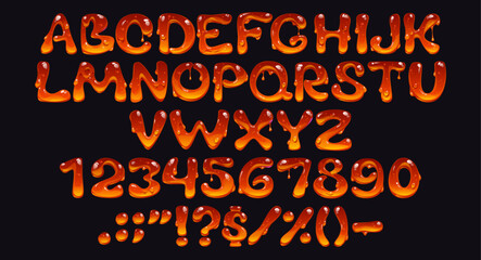 Honey bee font, sweet amber flow typeface, 3d yellow candy type, liquid tasty english alphabet letters and numbers set. Vector typography honey dripping font abc characters, melted sweet food type © Vector Tradition
