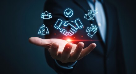 Businessman presenting hand with glowing icons floating above palm in air