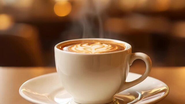 A cup of coffee on a wooden table in a cozy cafe