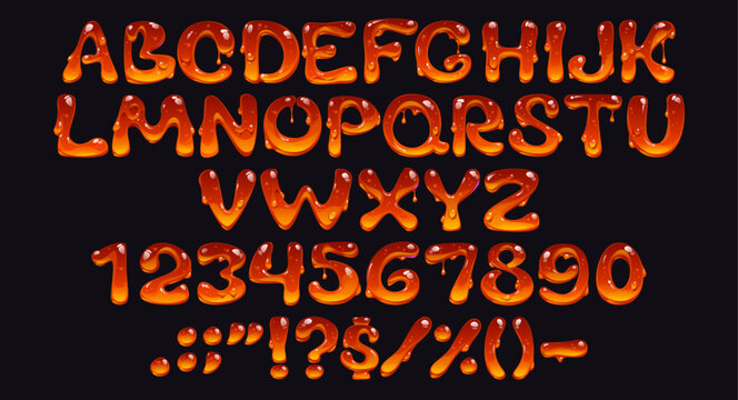 Honey bee font, sweet amber flow typeface, 3d yellow candy type, liquid tasty english alphabet letters and numbers set. Vector typography honey dripping font abc characters, melted sweet food type