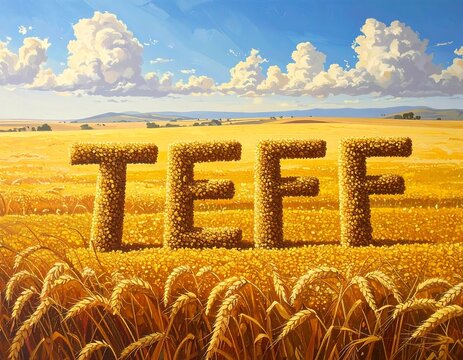 Digital painting of the word "TEFF" constructed from grain stalks, set in a golden, sunlit wheat field