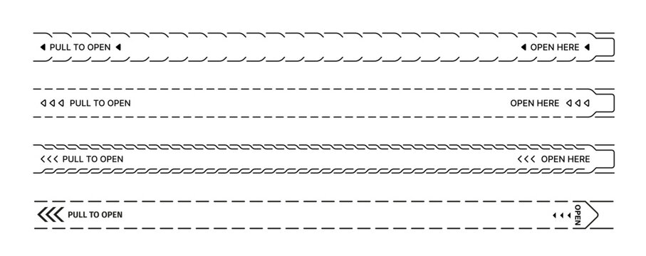 Perforated tear strip line vector border. Perforated tear strip line with dashed borders and directional arrows, text pull to open and open here. Packaging, product instruction, closure template