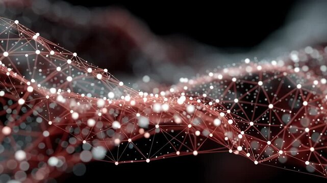Dynamic 3d visualization showcasing interconnected geometric patterns with nodes and lines forming a fluid, wave-like structure. the abstract network design emphasizes interconnectedness and modern te