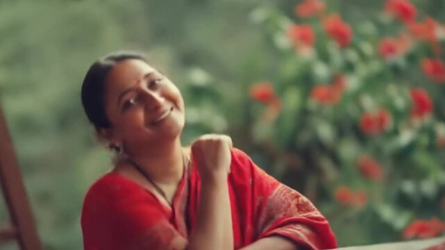 A radiant, middle-aged woman with a warm, genuine smile beams directly at the camera. She is elegantly dressed in a vibrant red traditional garment, featuring subtle golden patterns, and a bindi adorn